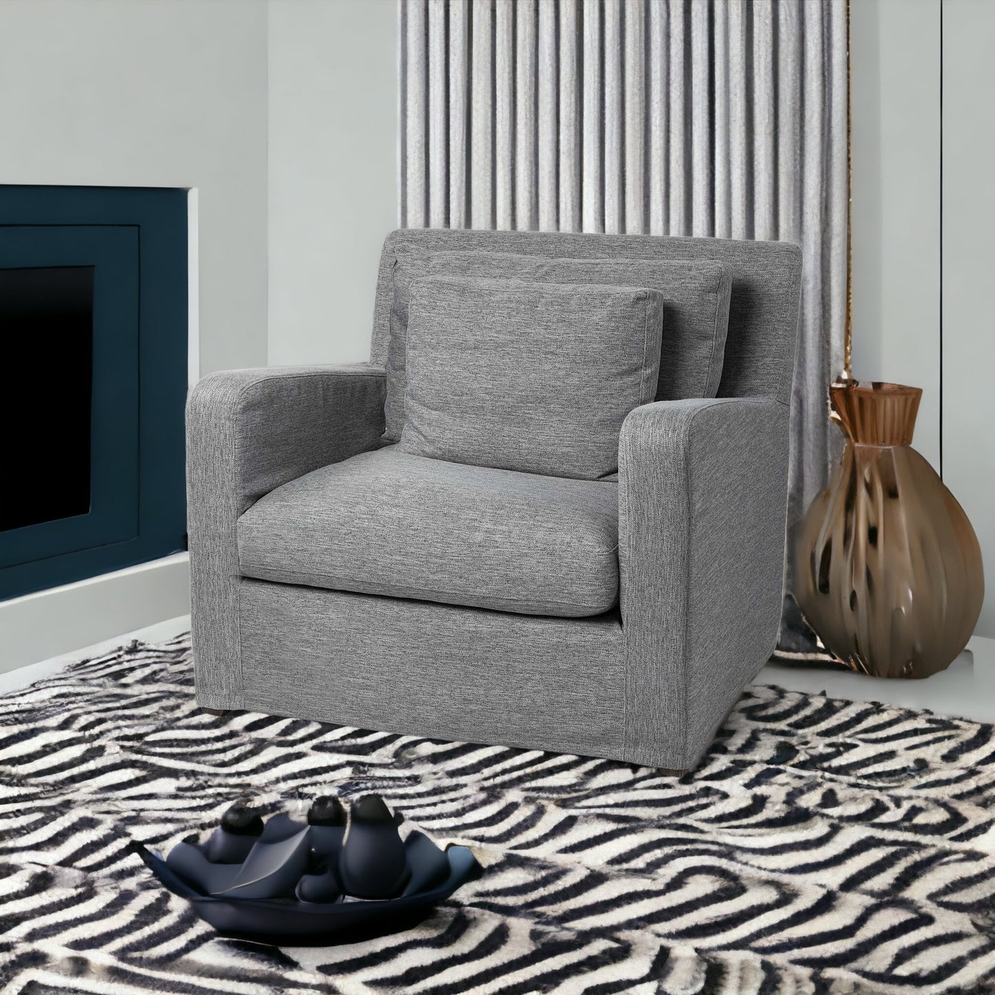 38" Gray and Brown Linen Arm Chair