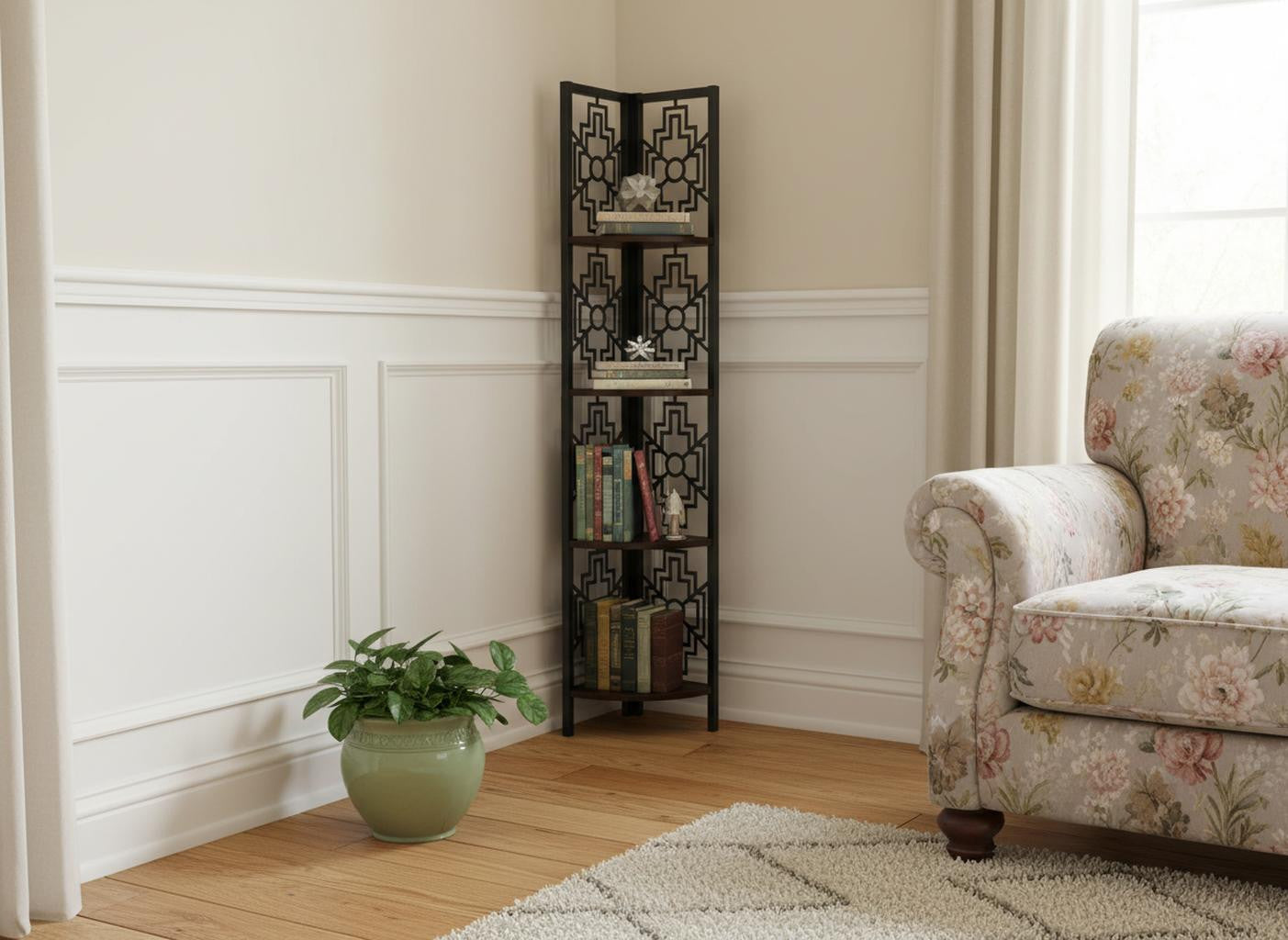 Espresso Metal Four Tier Corner Bookcase