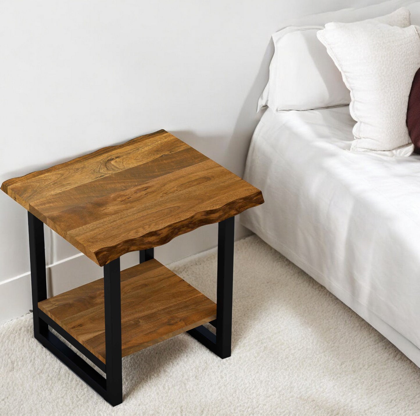 24" Brown And Black Solid Wood And Iron Square Frame End Table With Shelf