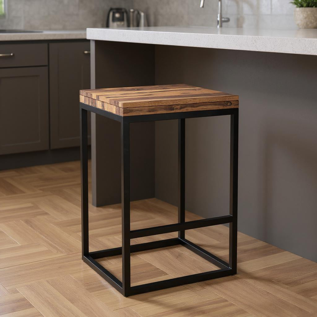 25" Brown and Black Solid Wood and Iron Backless Counter Height Bar Chair