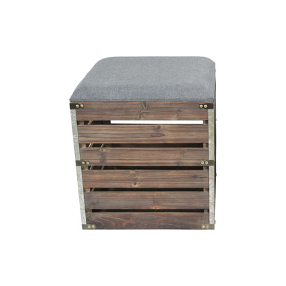 Set Of 2 Square Gray Linen Fabric And Wood Slats Storage Benches