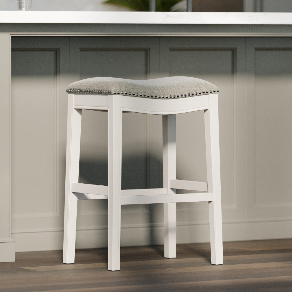 31" Light Gray And White Upholstered And Solid Wood Backless Bar Height Bar Chair