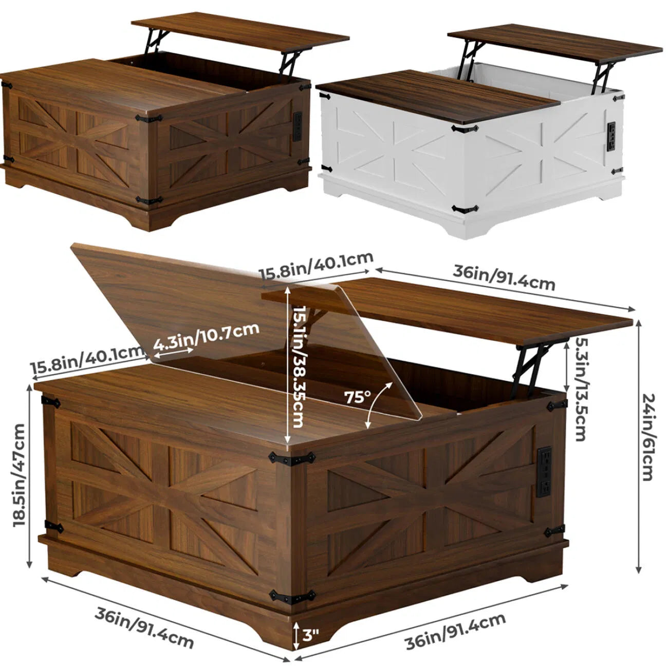 Farmhouse Coffee Table With Lift-Top, USB Charging Station & Hidden Storage - Sturdy Wooden Base