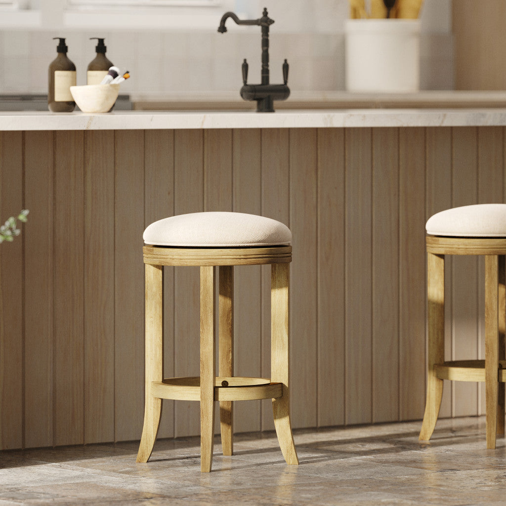 25" Cream and Brown Fabric and Solid Wood Backless Counter Height Swivel Bar Chair