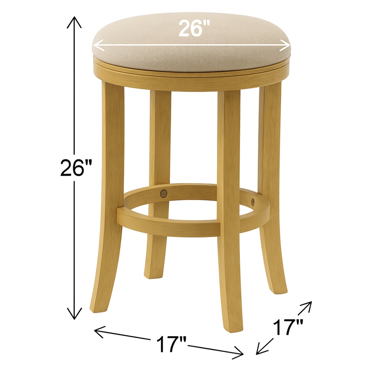 25" Cream and Brown Fabric and Solid Wood Backless Counter Height Swivel Bar Chair