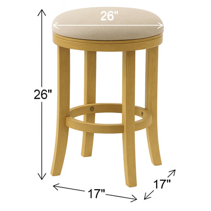 25" Cream and Brown Fabric and Solid Wood Backless Counter Height Swivel Bar Chair