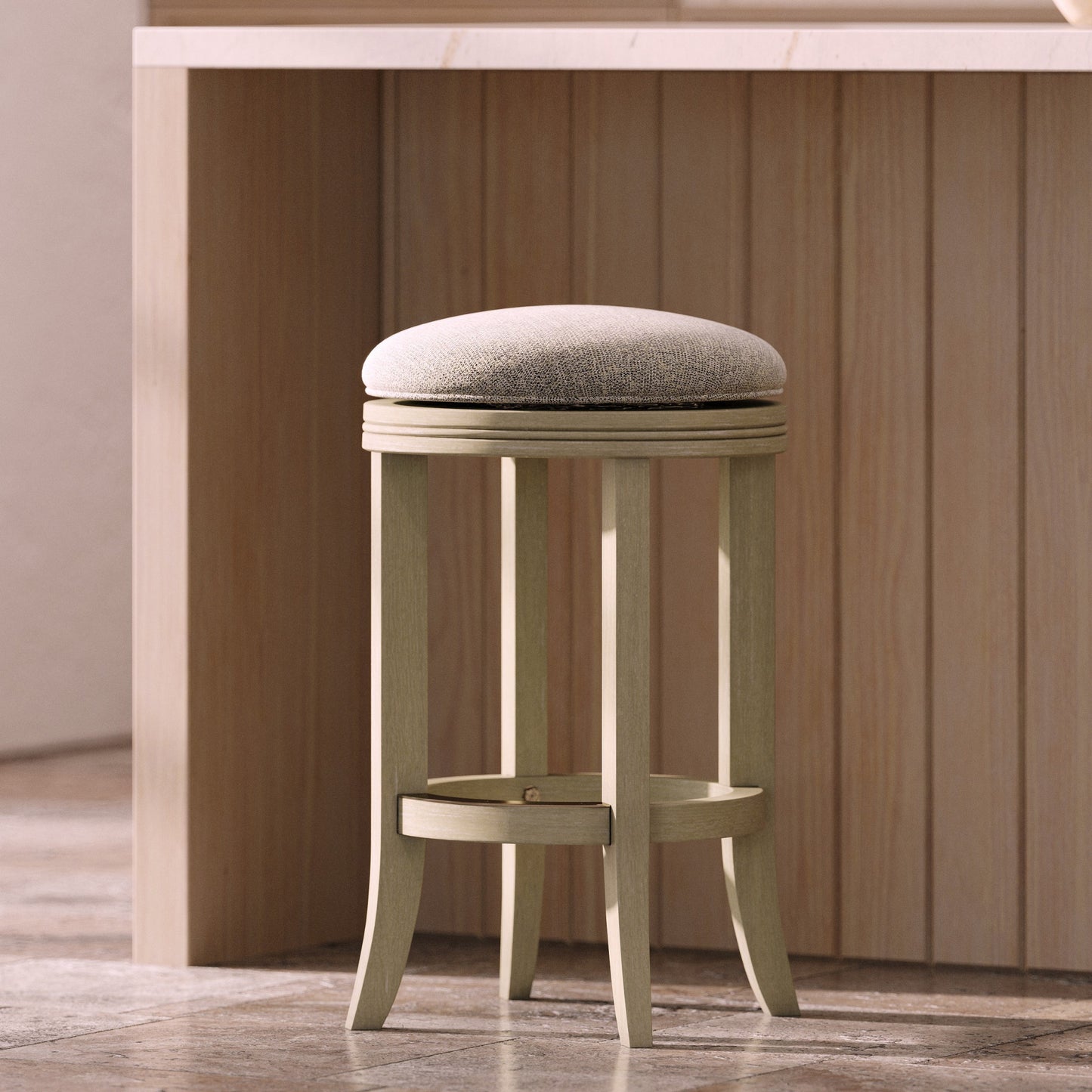 25" Gray and Ivory Fabric and Solid Wood Backless Counter Height Swivel Bar Chair