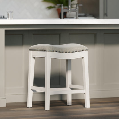 26" Gray and White Solid Wood and Linen Blend Backless Counter Height Bar Chair