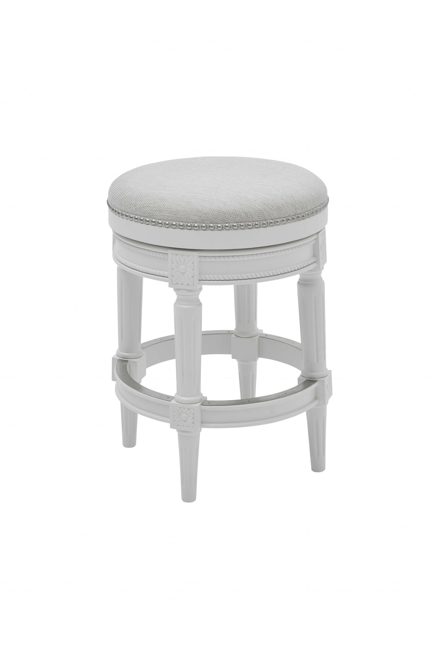 26" White Solid Wood and Fabric Backless Counter Height Swivel Bar Chair