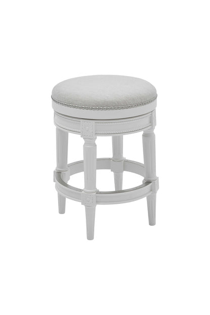 26" White Solid Wood and Fabric Backless Counter Height Swivel Bar Chair