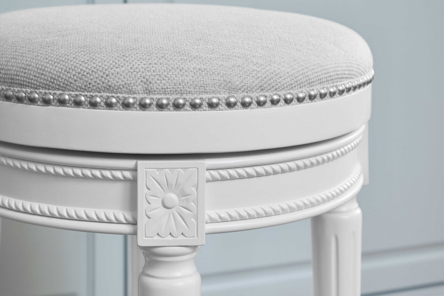 26" White Solid Wood and Fabric Backless Counter Height Swivel Bar Chair