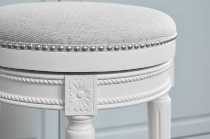 26" White Solid Wood and Fabric Backless Counter Height Swivel Bar Chair