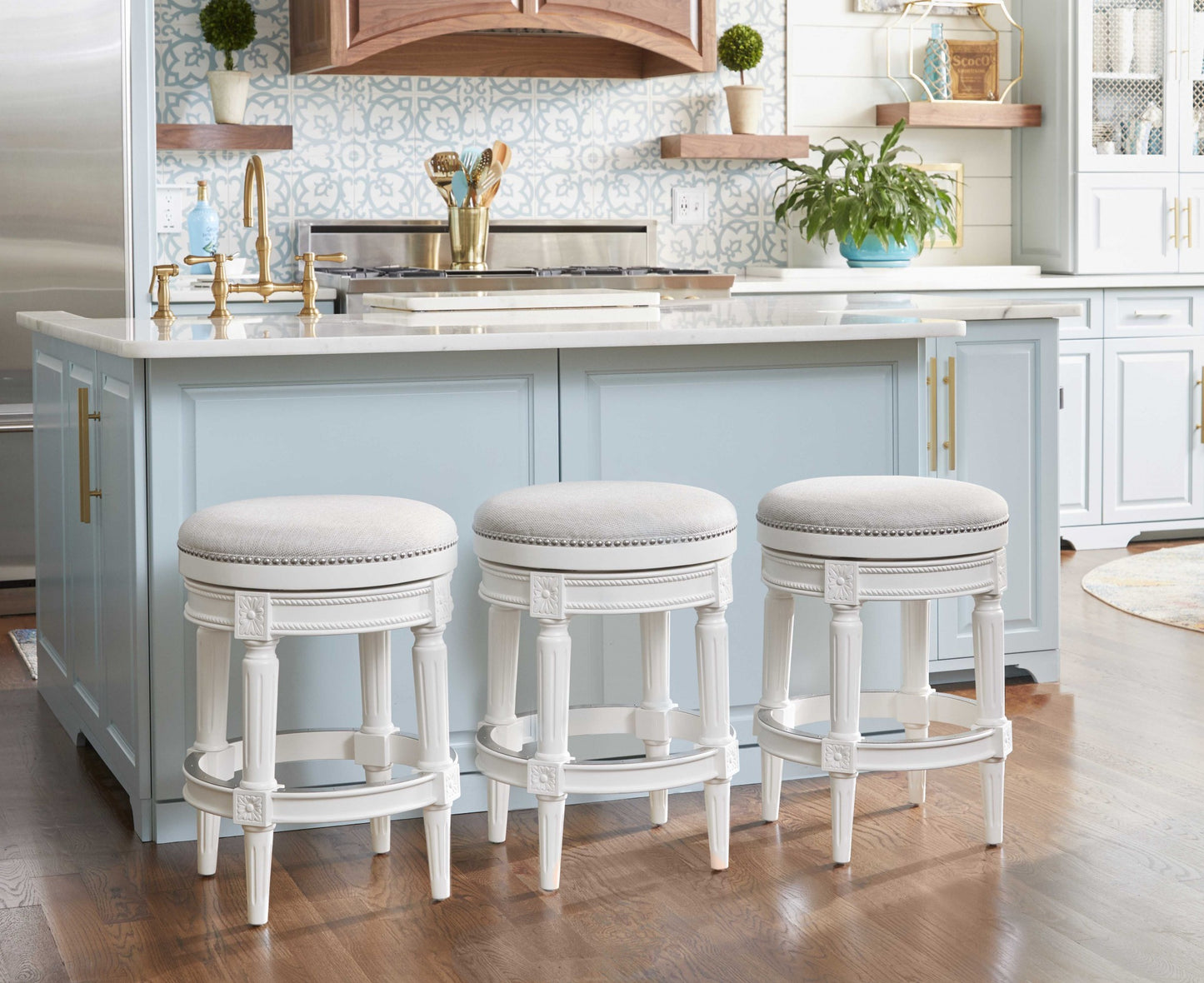 26" White Solid Wood and Fabric Backless Counter Height Swivel Bar Chair