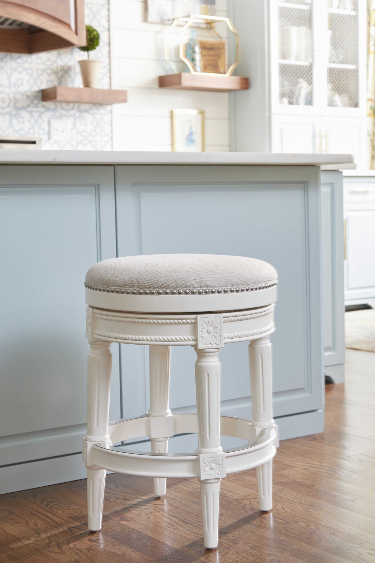 26" White Solid Wood and Fabric Backless Counter Height Swivel Bar Chair