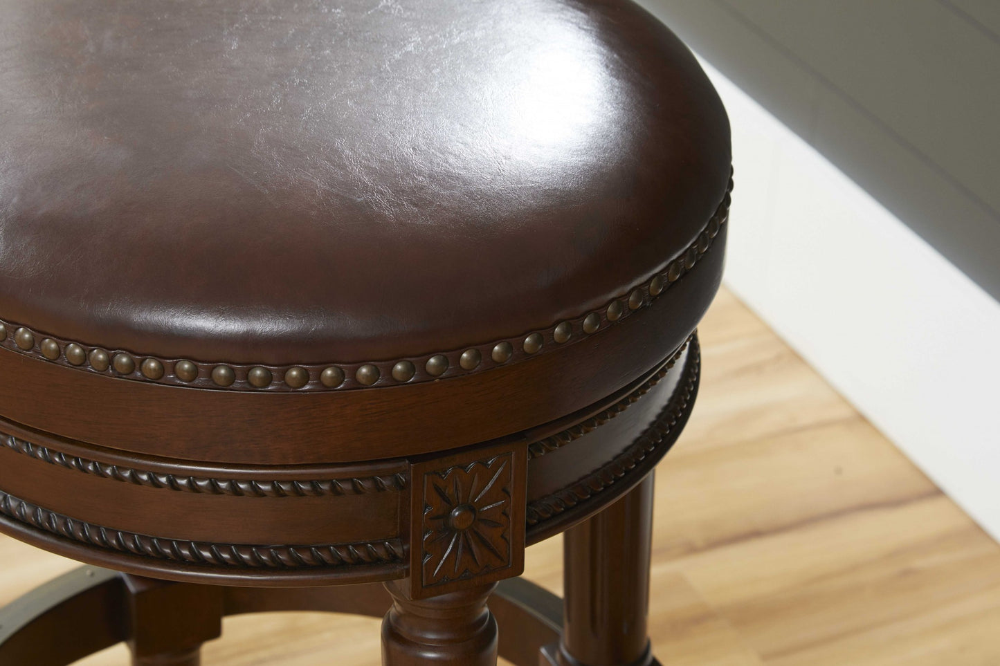 31" Brown Faux Leather and Solid Wood Backless Counter Height Swivel Bar Chair