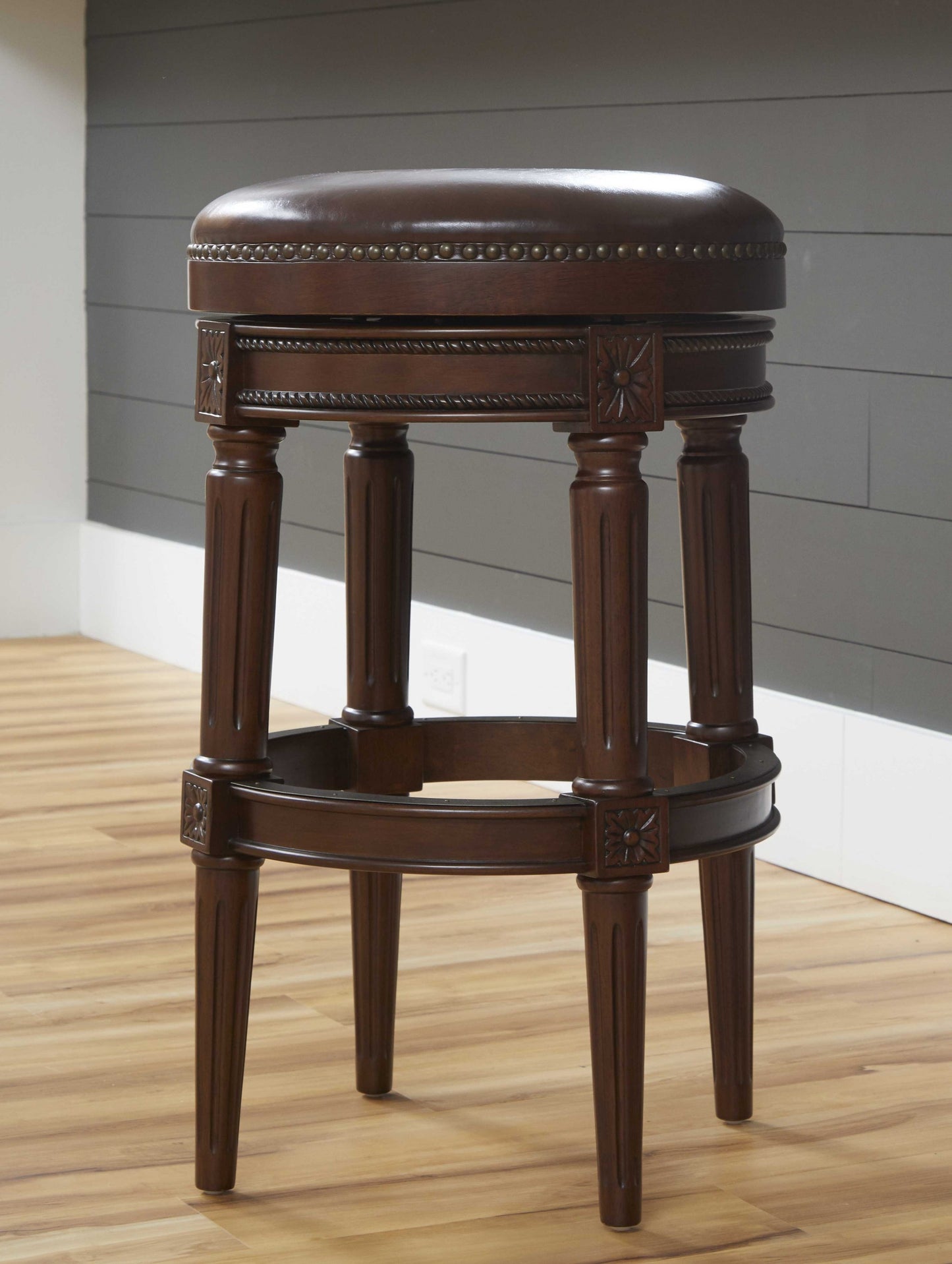31" Brown Faux Leather and Solid Wood Backless Counter Height Swivel Bar Chair