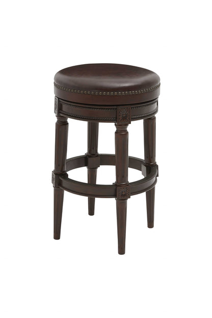 31" Brown Faux Leather and Solid Wood Backless Counter Height Swivel Bar Chair