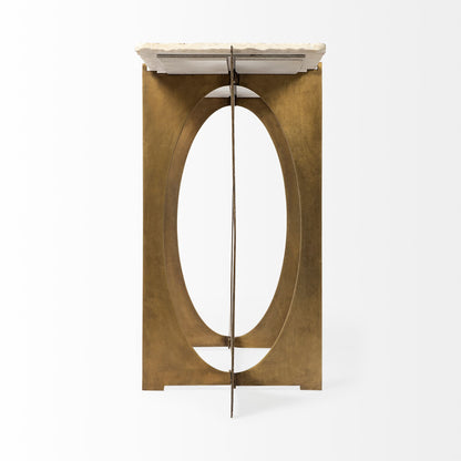 59" White and Gold Genuine Marble and Metal Geo Base Console Table