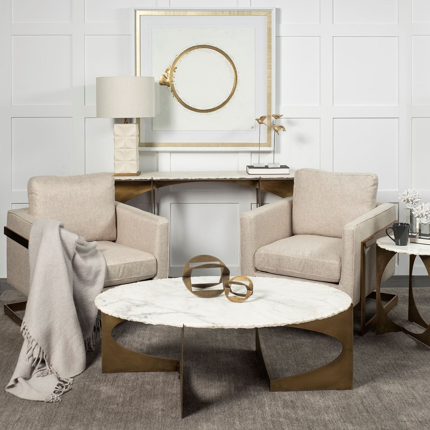 59" White and Gold Genuine Marble and Metal Geo Base Console Table