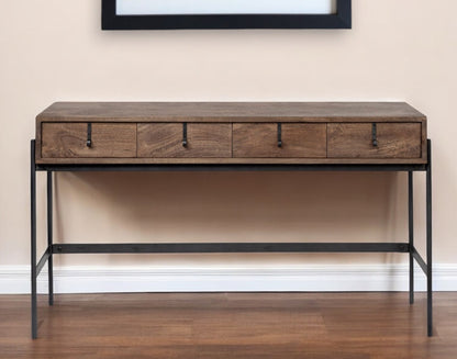 56" Brown and Black Solid Wood and Metal Console Table With Four Drawers