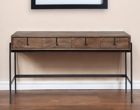 56" Brown and Black Solid Wood and Metal Console Table With Four Drawers