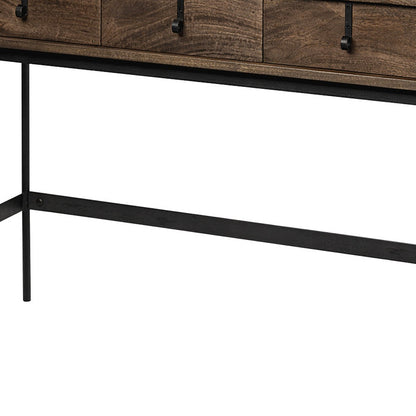 56" Brown and Black Solid Wood and Metal Console Table With Four Drawers