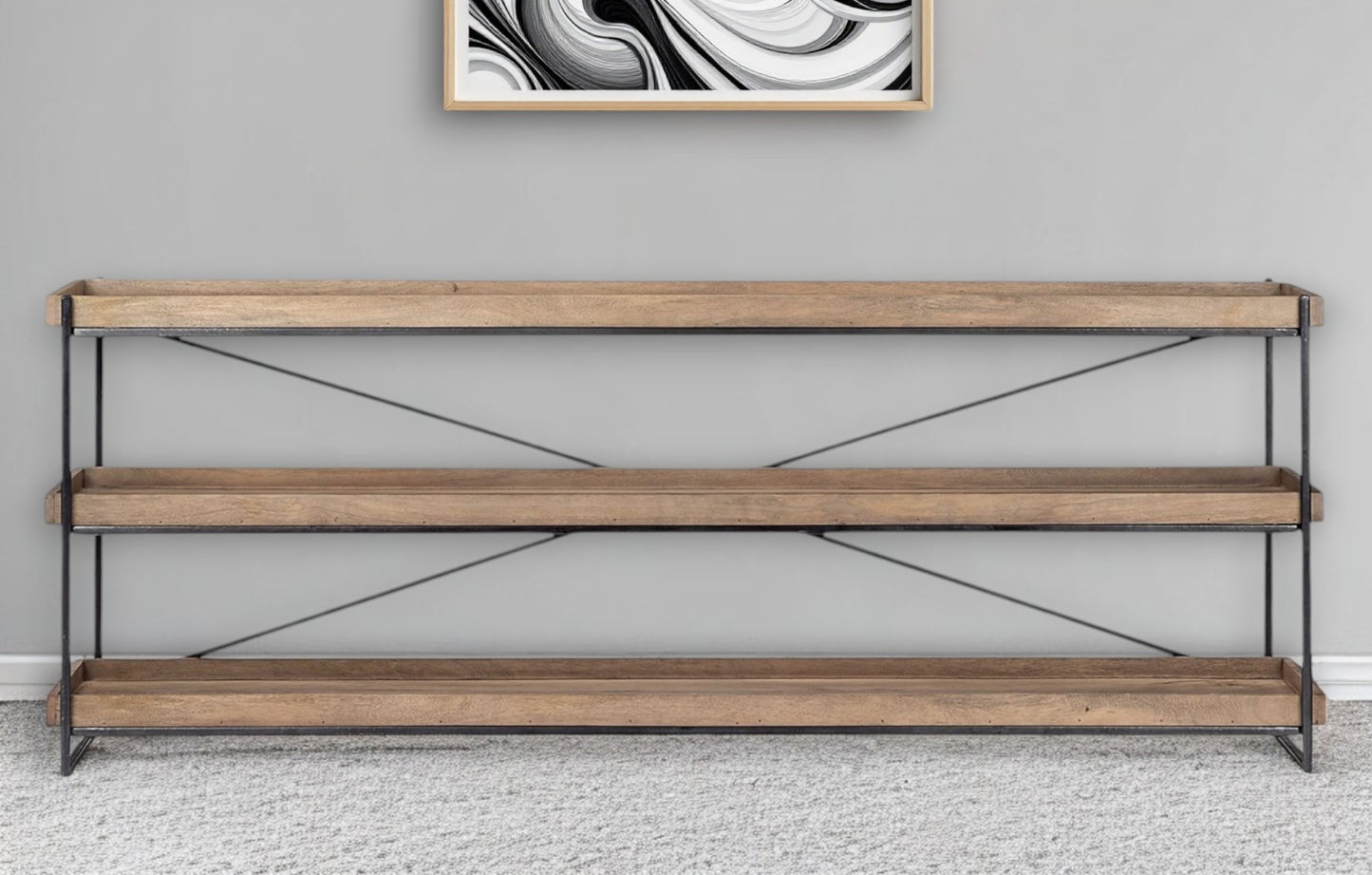 80" Light Brown and Black Solid Wood and Iron Console Table With Two Shelves