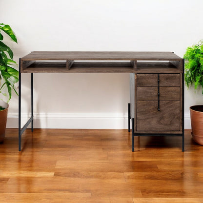 Medium Brown Wooden Writing Desk With 3 Drawers And 3 Open Shelves