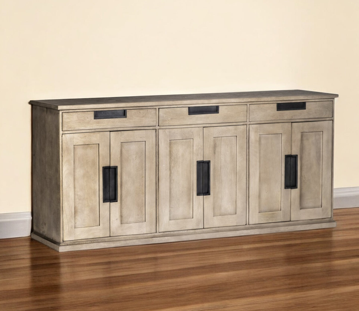 82" Brown Solid Wood Three Drawer Sideboard with Six Doors