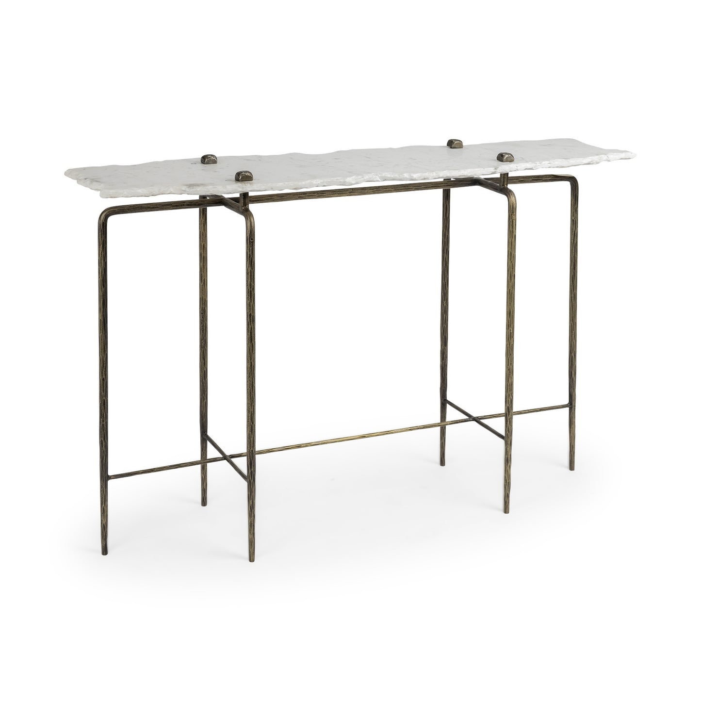 49" White and Brass Genuine Marble and Iron Distressed Six Leg Console Table