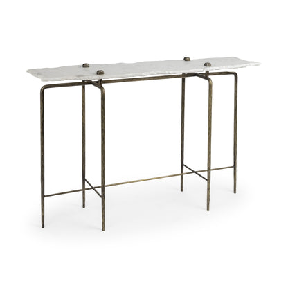 49" White and Brass Genuine Marble and Iron Distressed Six Leg Console Table