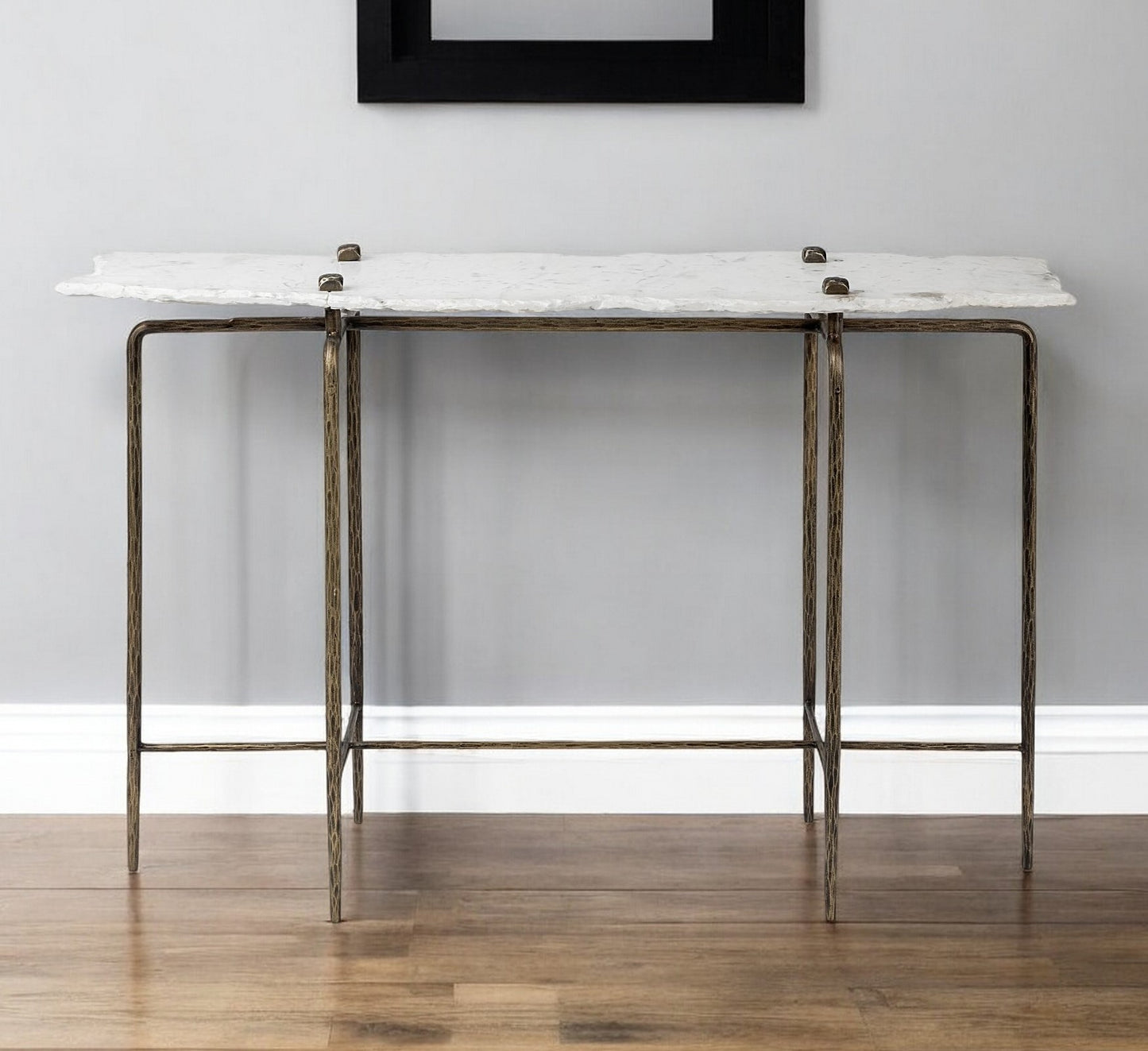 49" White and Brass Genuine Marble and Iron Distressed Six Leg Console Table