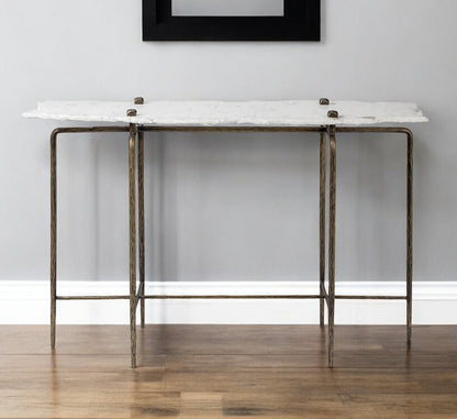 49" White and Brass Genuine Marble and Iron Distressed Six Leg Console Table