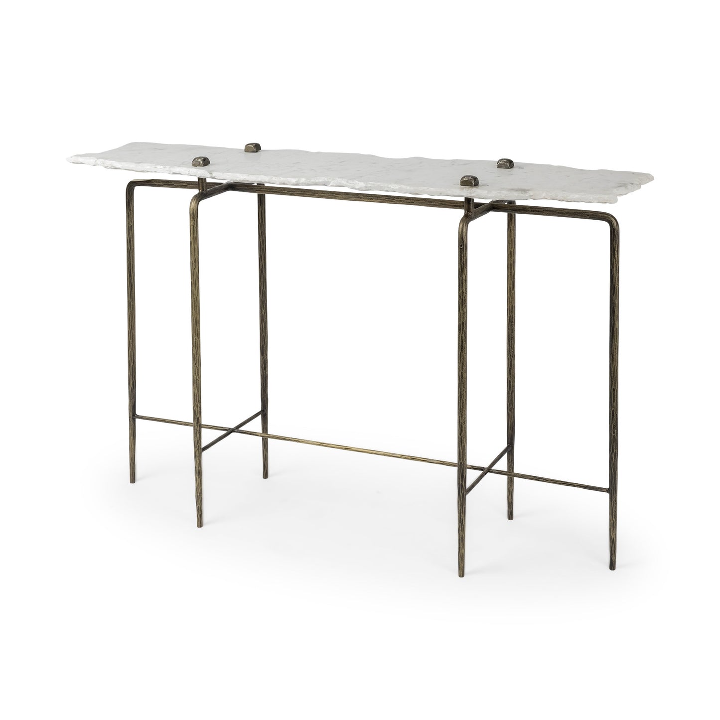 49" White and Brass Genuine Marble and Iron Distressed Six Leg Console Table