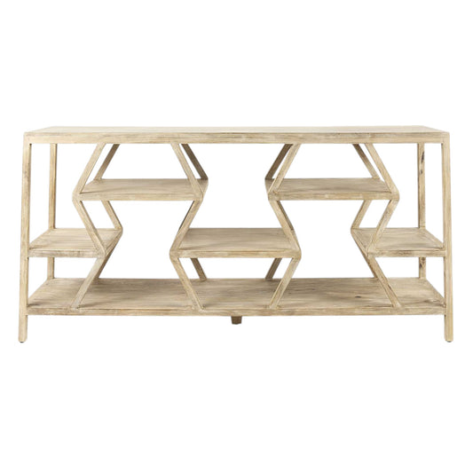 66" Light Brown Solid Wood Console Table Geometric Shelves