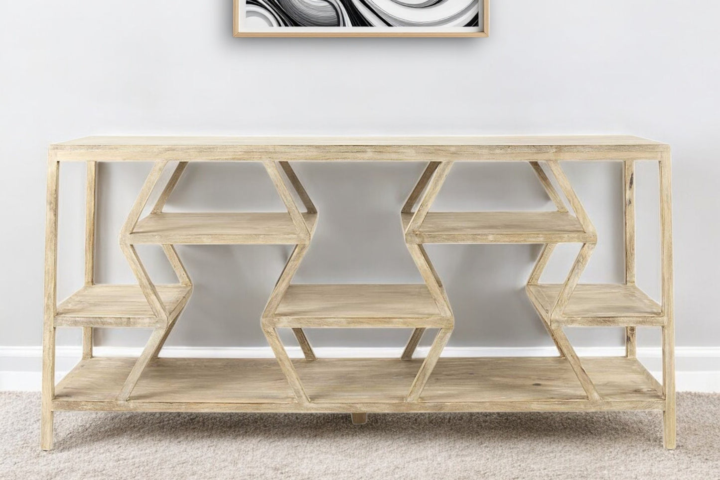 66" Light Brown Solid Wood Console Table Geometric Shelves