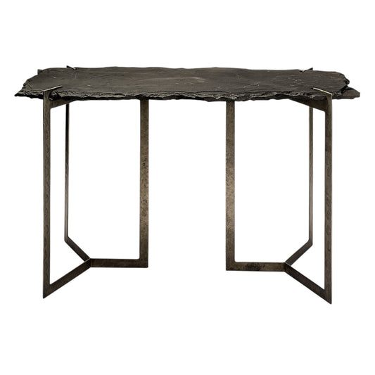 50" Black and Nickel Slate and Iron Distressed Double Pedestal Console Table