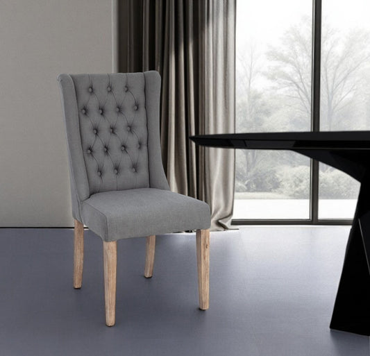 Tufted Gray and Brown Upholstered Linen Wing Back Dining Side Chair