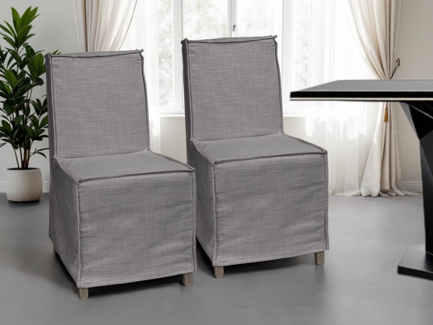 Set Of Two Gray And Brown Slipcovered Wood Parsons Chairs