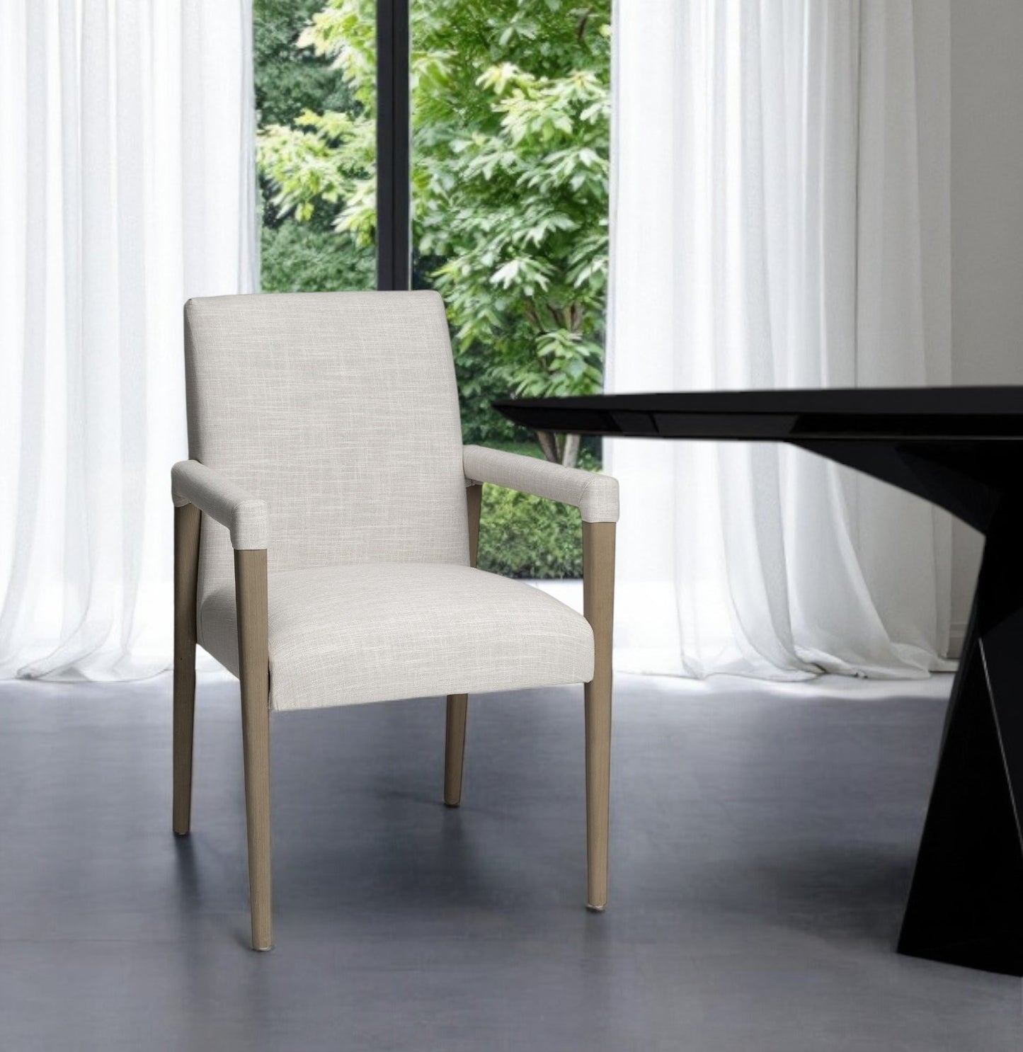 Cream and Brown Upholstered Fabric King Louis Back Dining Arm Chair