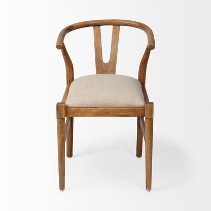 Beige And Brown Upholstered Fabric Wishbone Back