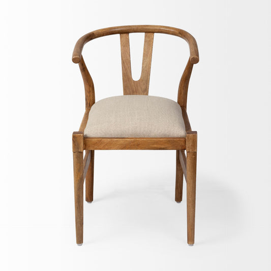 Beige And Brown Upholstered Fabric Wishbone Back