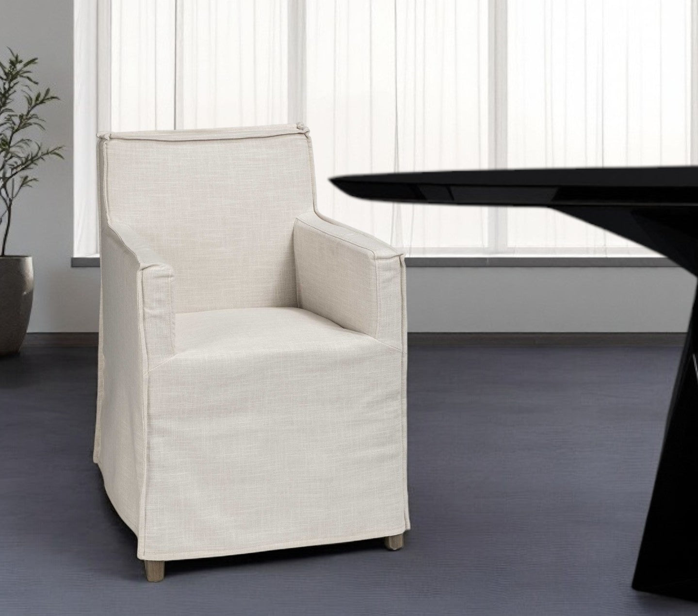 Cream and Brown Slipcovered Upholstered Fabric Dining Arm Chair