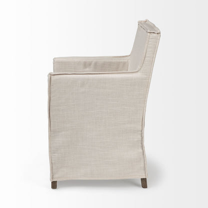 Cream and Brown Slipcovered Upholstered Fabric Dining Arm Chair