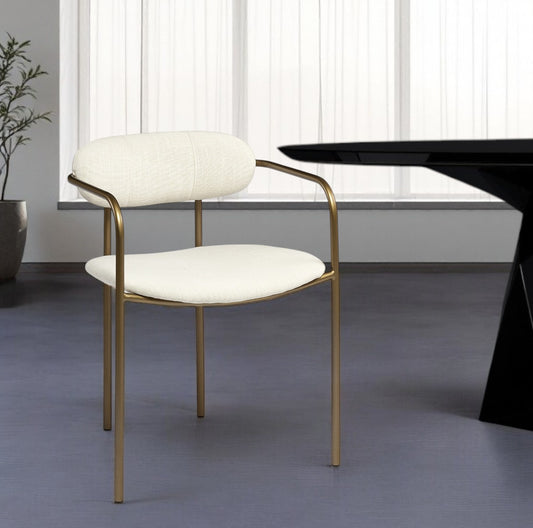 Cream And Gold Upholstered Fabric Open Back Dining Arm Chair