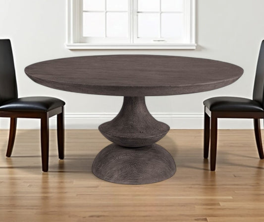 60" Gray Rounded Solid Wood Pedestal Base Dining Table