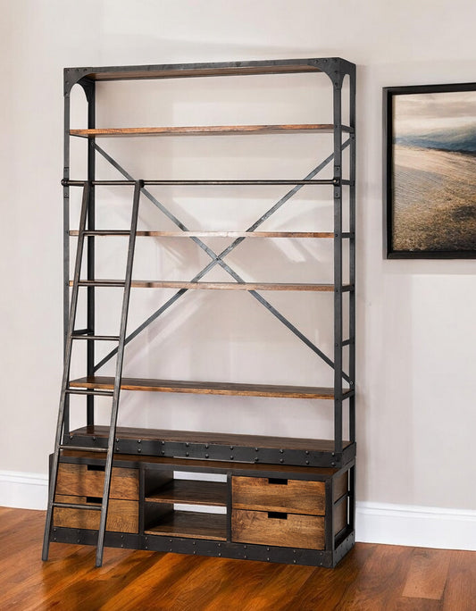 94" Black And Brown Distressed Copper and Wood Four Tier Library Bookcase with Four Drawers