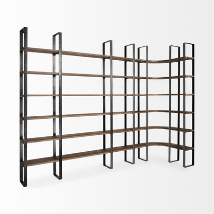 90" Black And Brown Iron and Wood Six Tier Bookcase