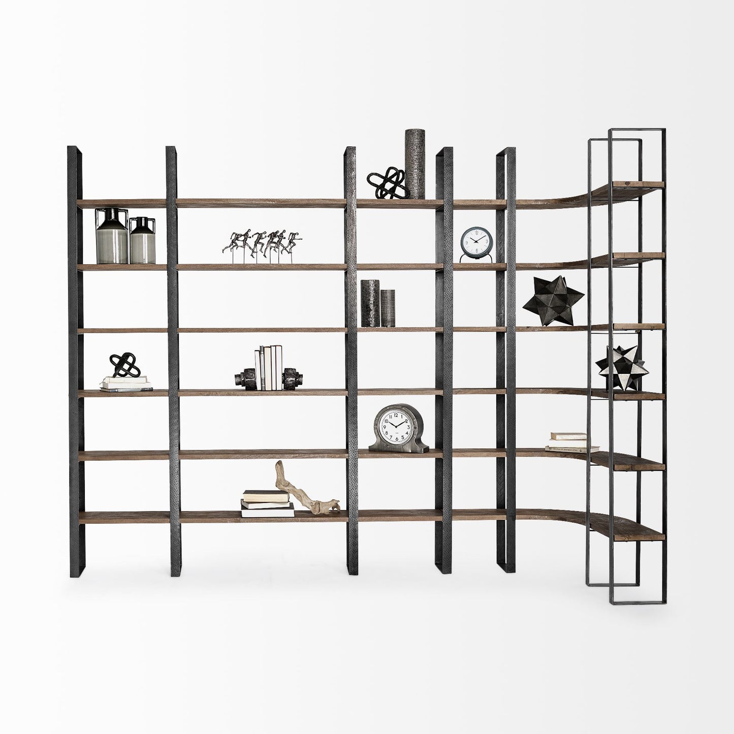 90" Black And Brown Iron and Wood Six Tier Bookcase