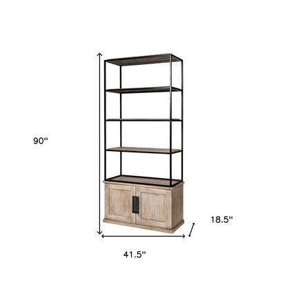 90" Brown Iron and Wood Three Tier Bookcase